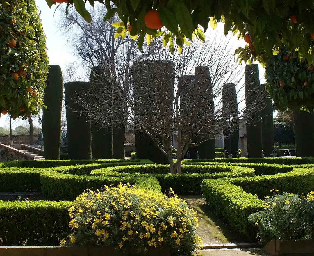 Long reflecting pools and clipped hedges in the Alcázar gardens on a mosque cathedral of cordoba and alcazar tour in Cordoba, Spain